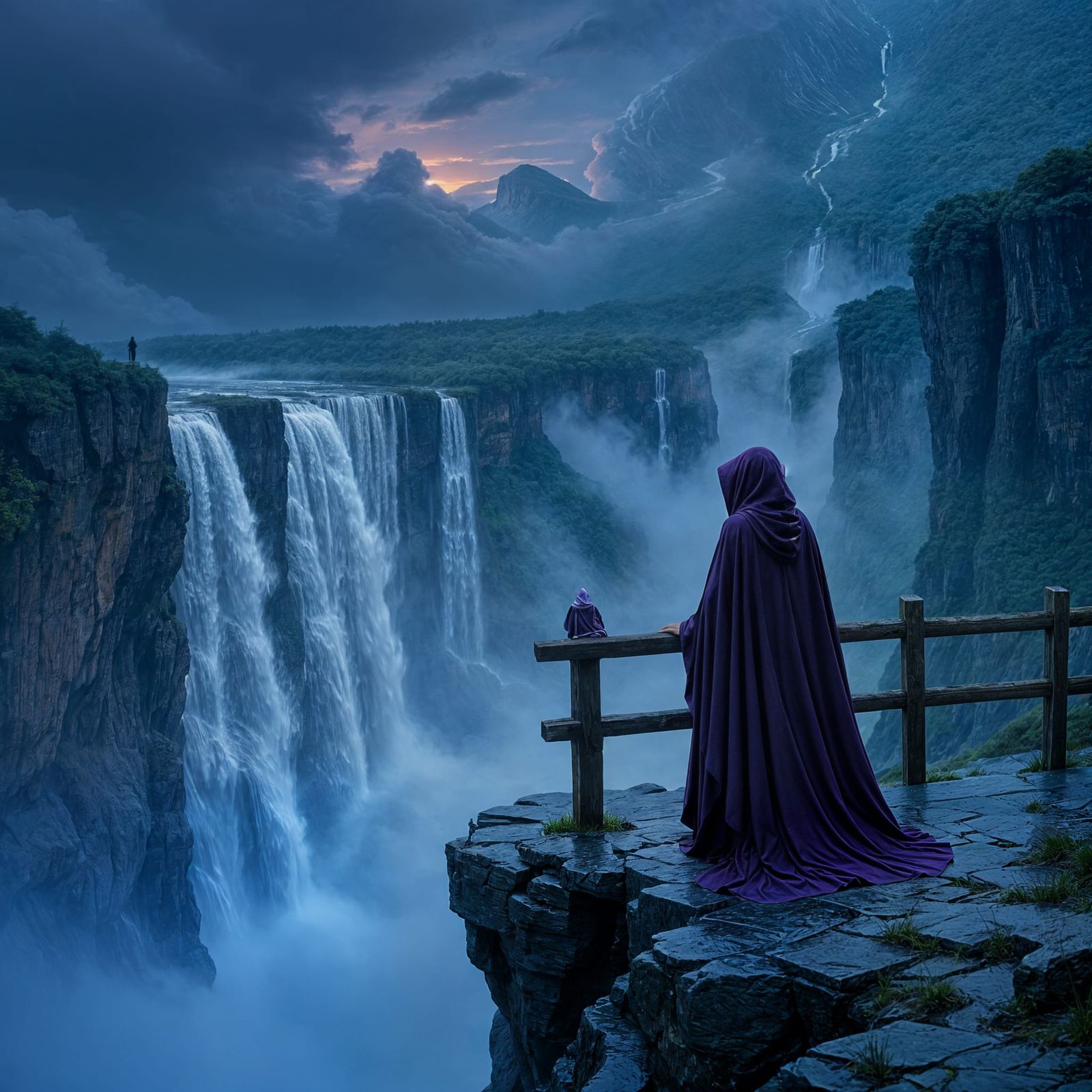 Mysterious Hooded Figure Overlooks Waterfall