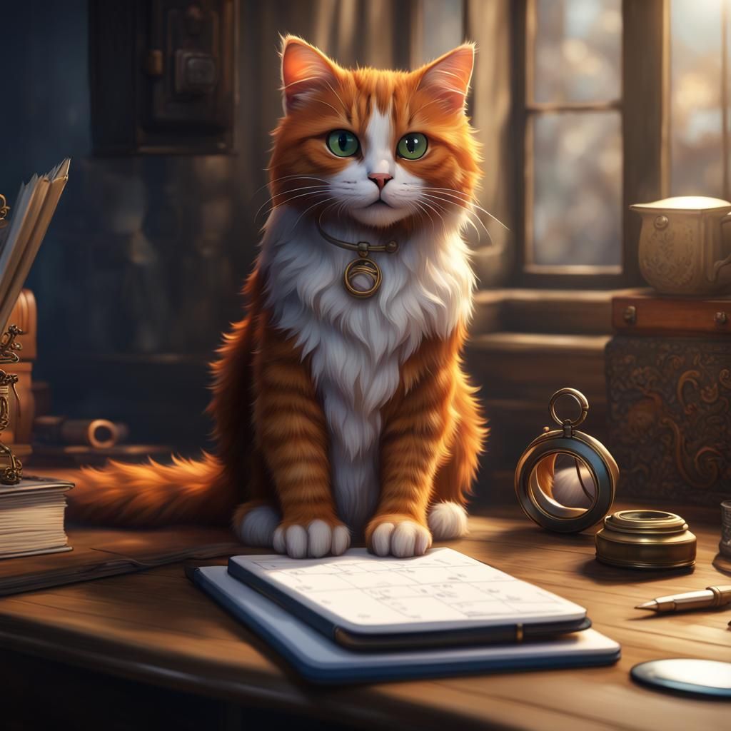 Desk Scene with Calico Cat, Detailed Matte Painting