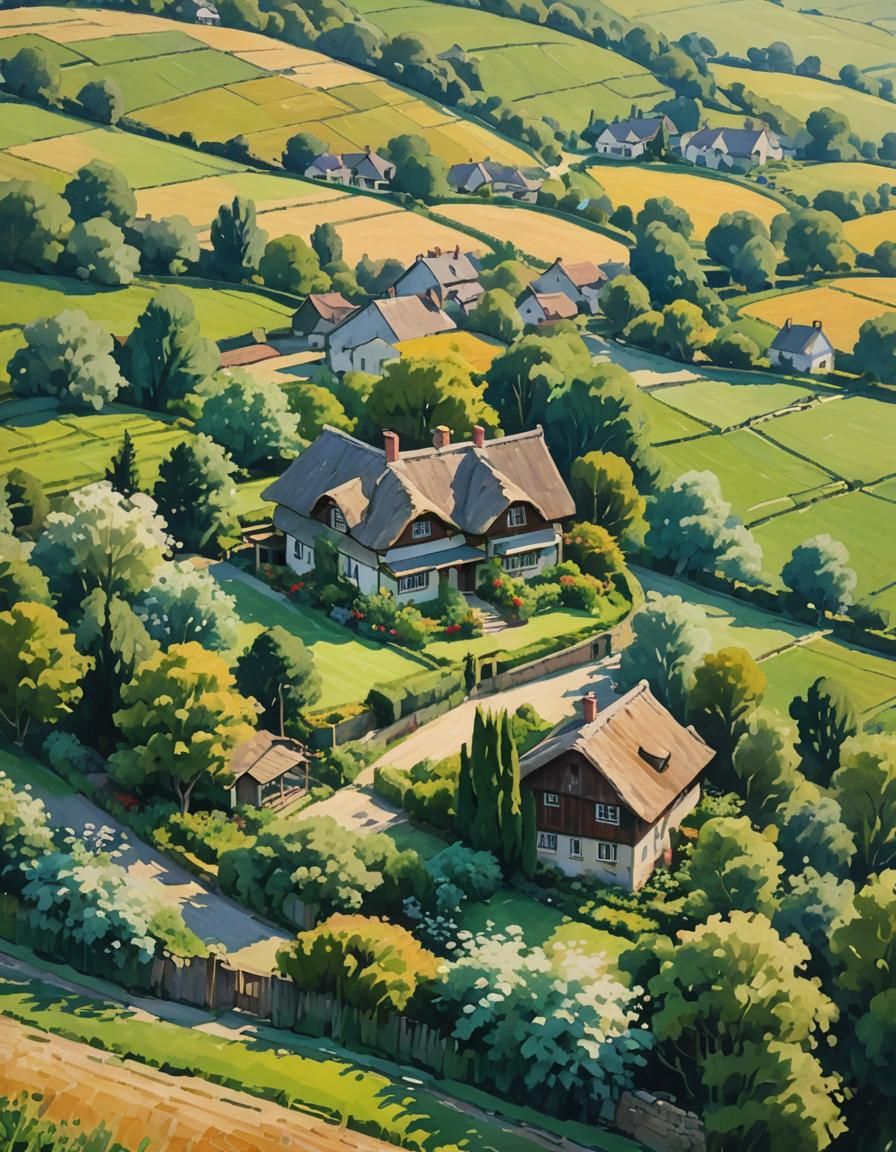 Picturesque Town: Impressionist Painting of Contrasting Home...