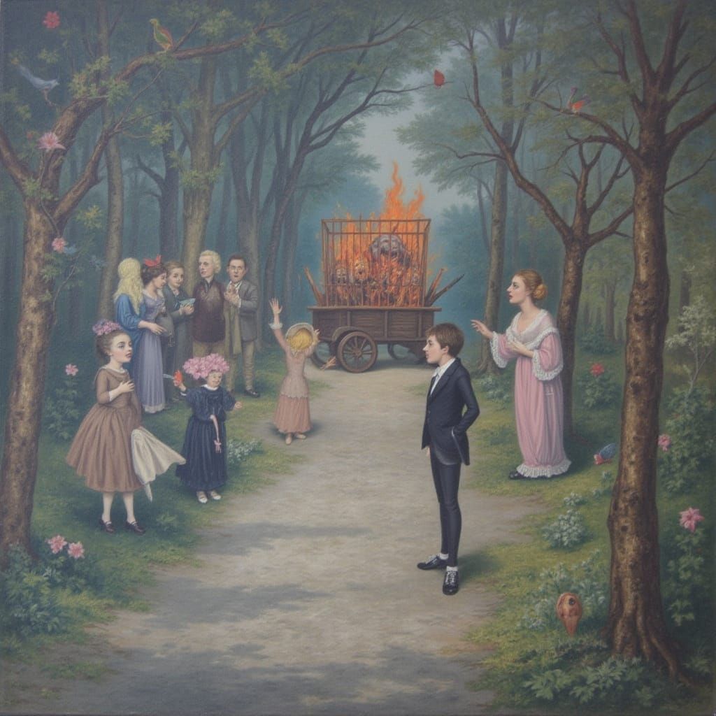 Paradise Garden Contrasts With Hellish Cart in Vivid Oil Pai...