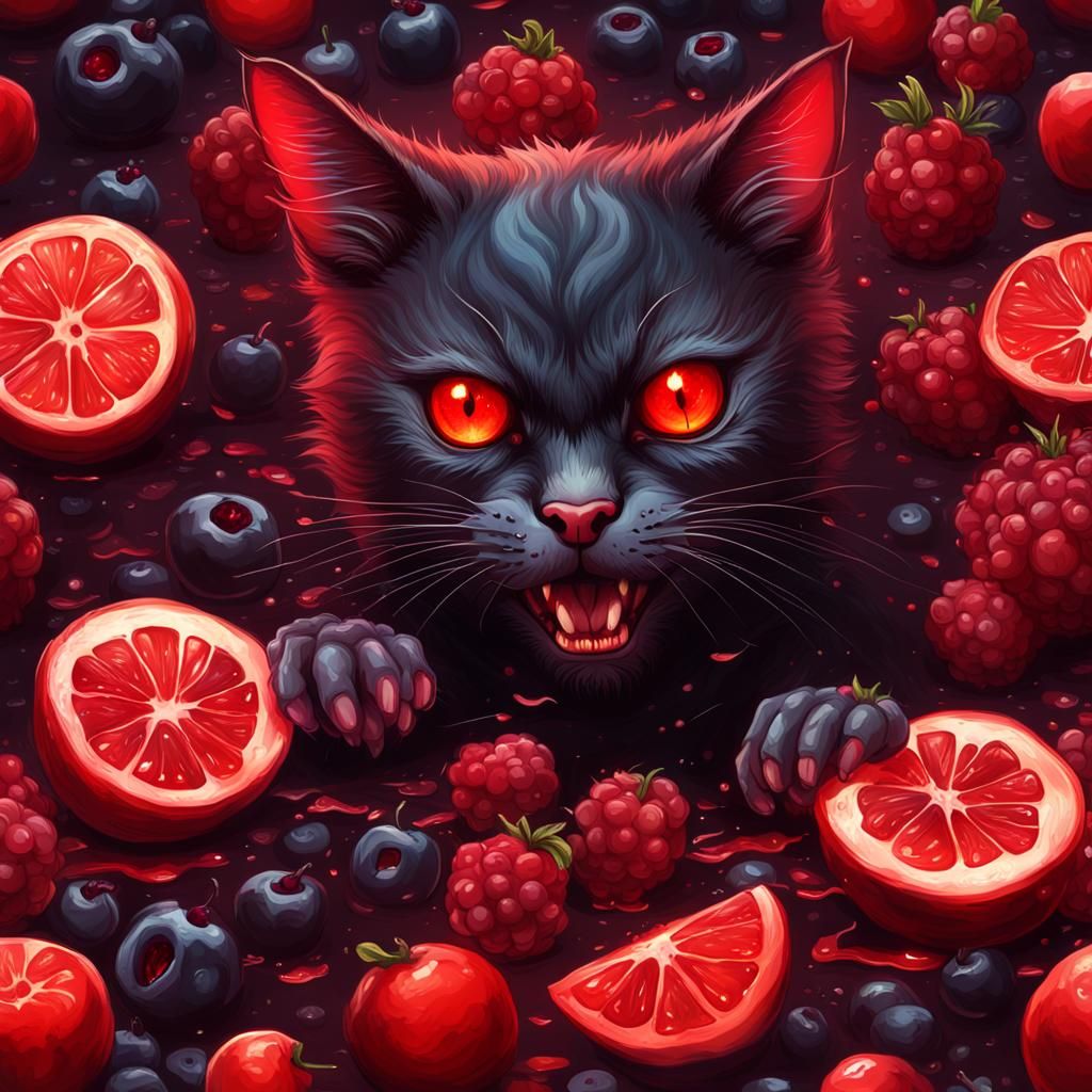 Sinister Demon Cat Feast in Digital Painting Style