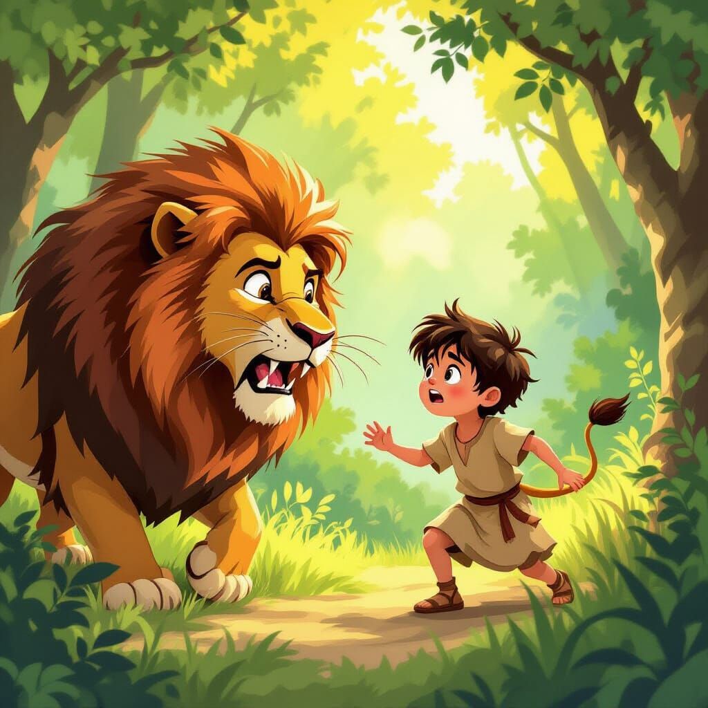 Boy Escapes Lion in Sun-Dappled Forest, Storybook Style