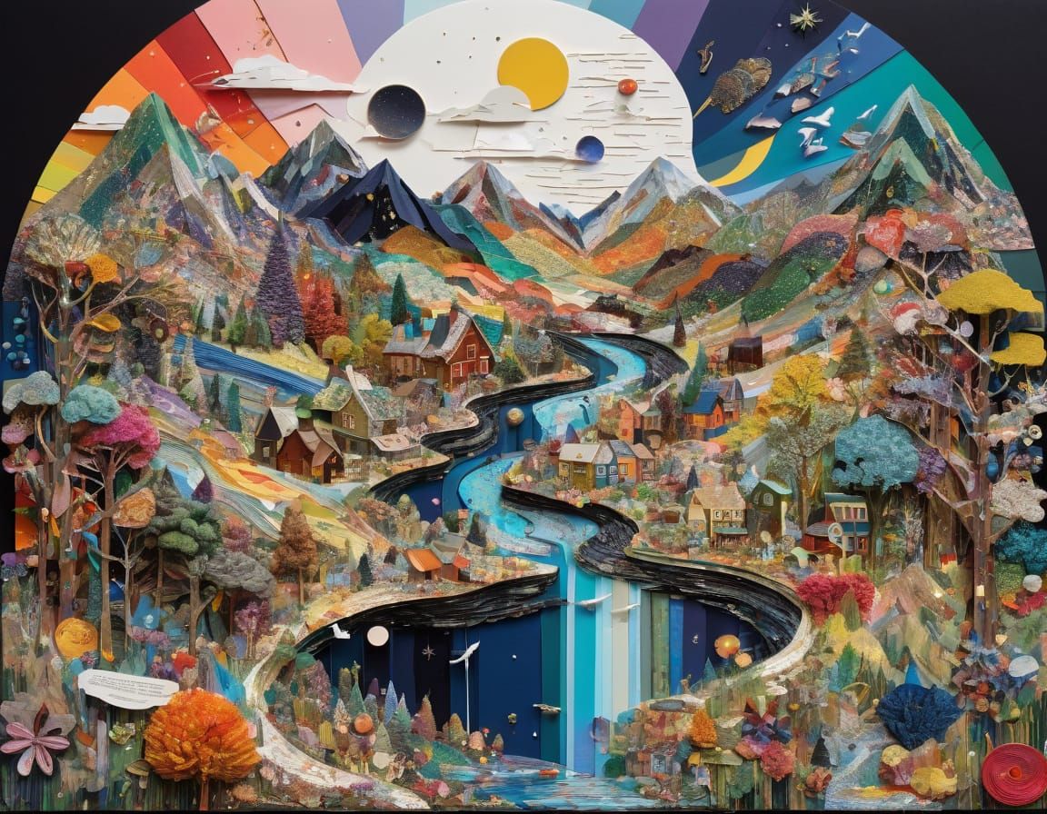 Vibrant Collage Fantasy Landscape with Mixed Media Elements