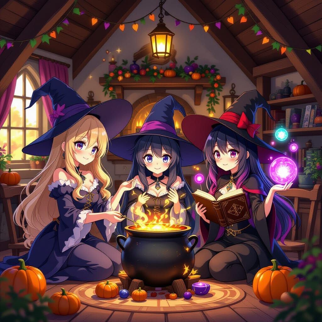 Anime Witches in Cozy Halloween Cottage