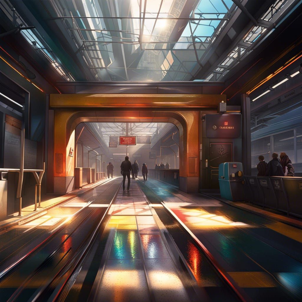 Hyperrealistic Train Station with Bright Colors and Details