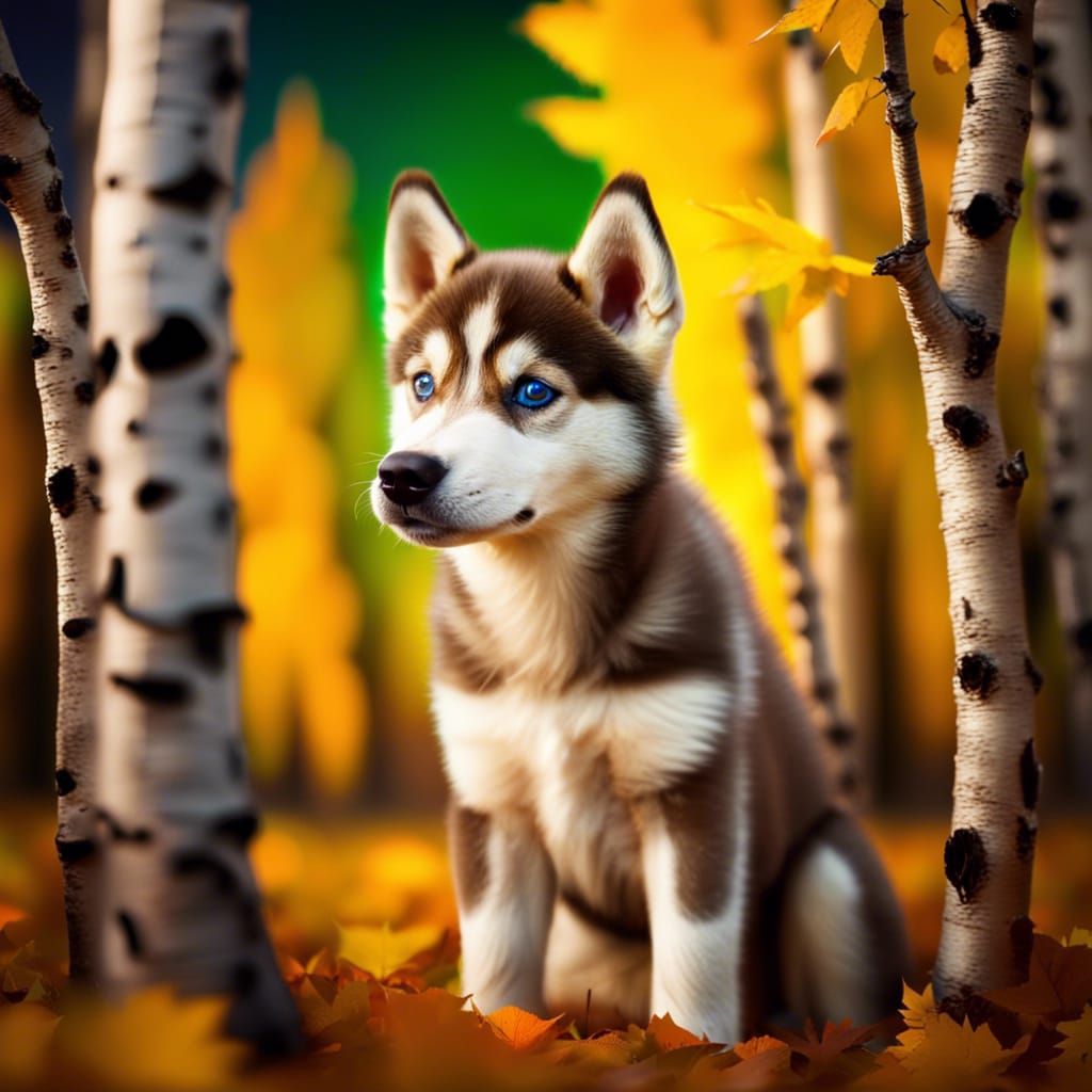 Husky Puppy in Autumn Birches Under Aurora