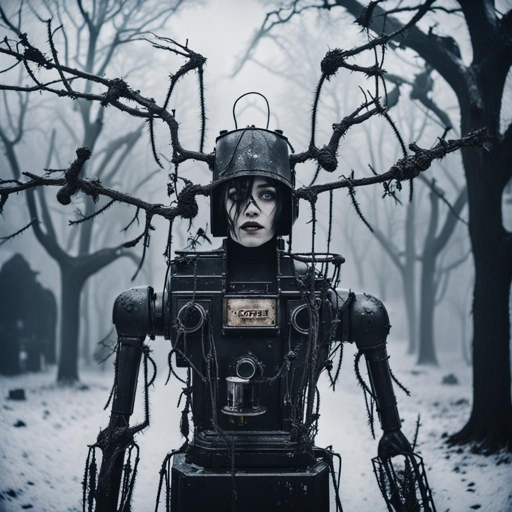 Goth Model and Robot Coffee Machine in Winter