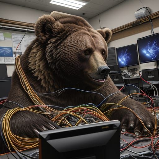 Frustrated Bear Tangled in Computer Cords