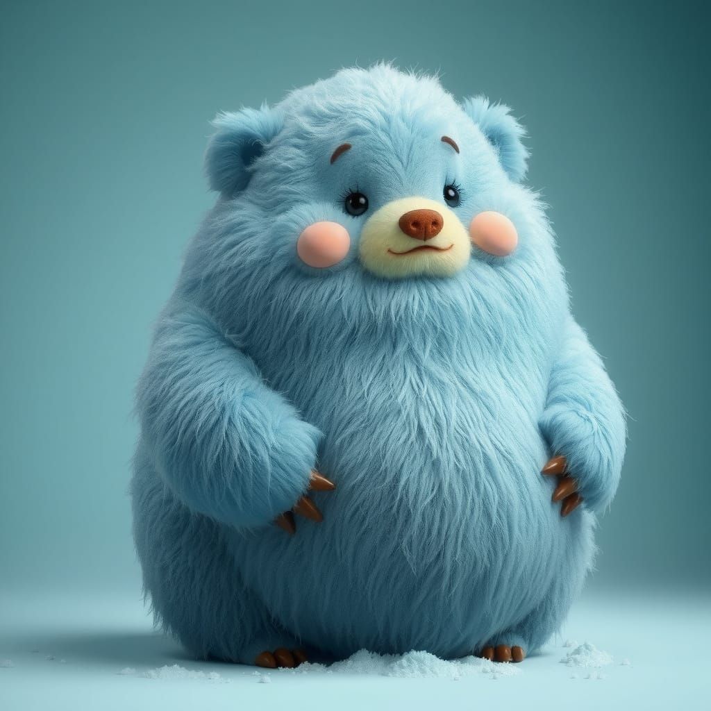 Vibrant Blue Furry Bear in Whimsical Landscape