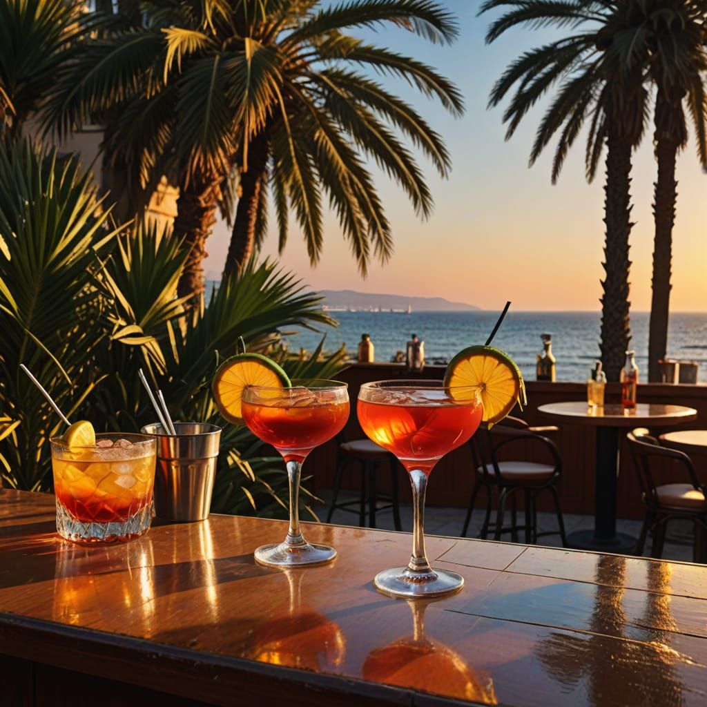 Cyprus Palm Tree Cocktail Bar in Vibrant Oil Painting Style