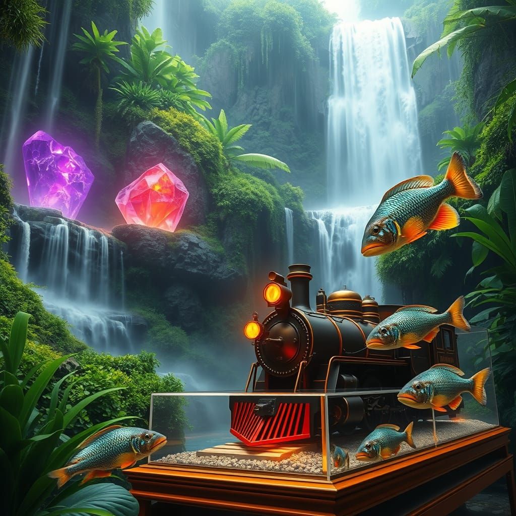 Majestic Waterfall with Radiant Crystals and Vintage Steam L...