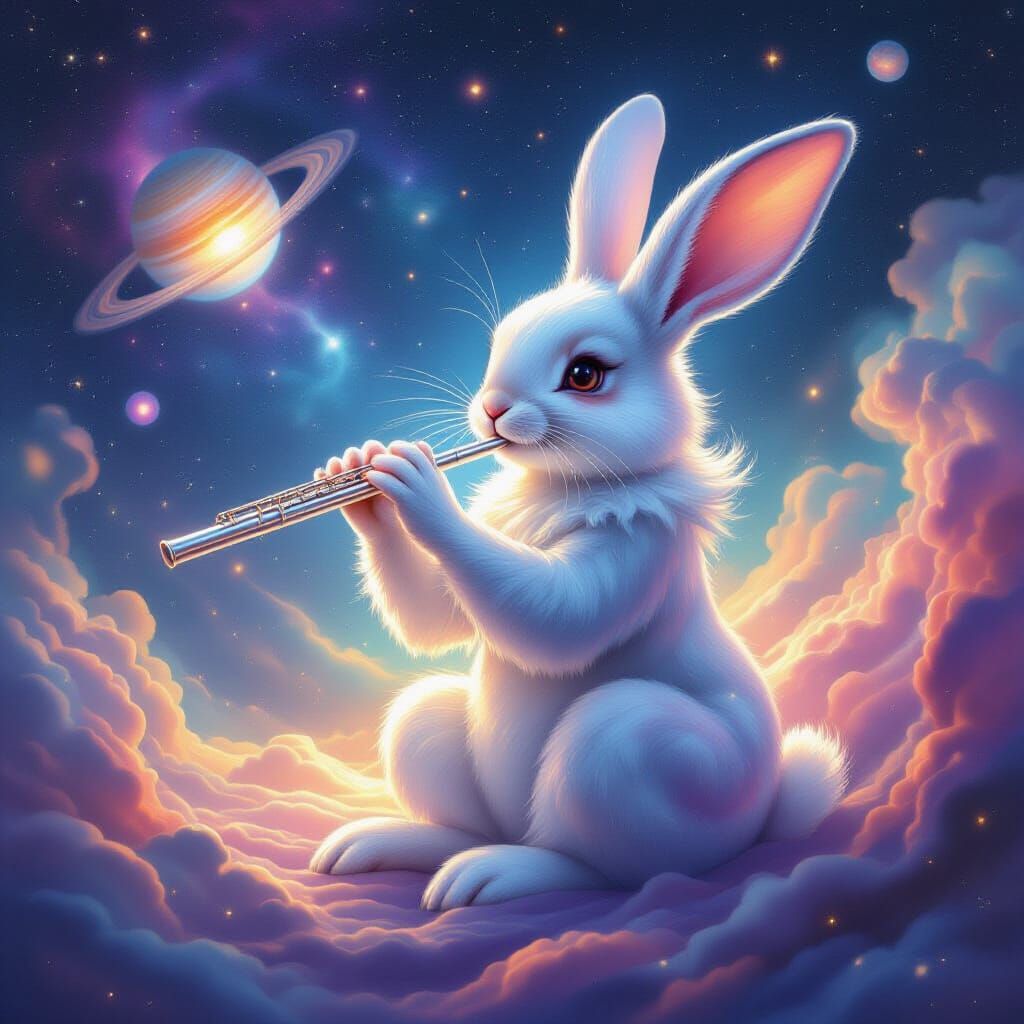 Ethereal Rabbit Plays Flute in Cosmic Galaxy