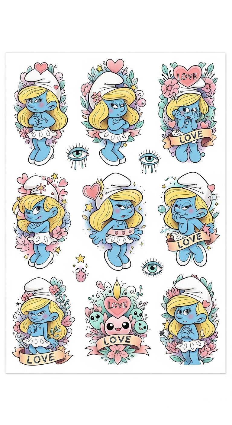 Flash Tattoo Sheet Featuring Smurfette in Whimsical Style