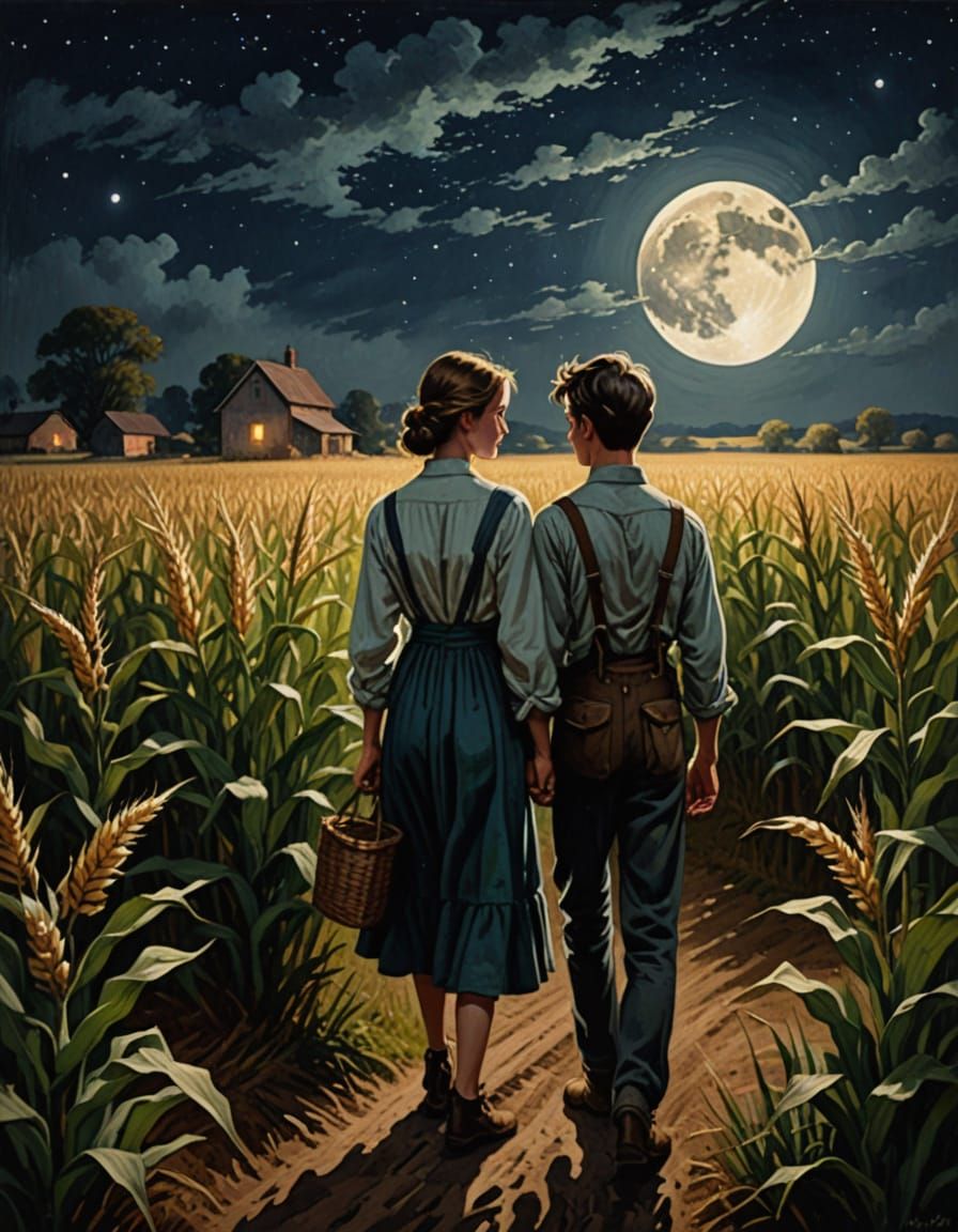 Romantic Moonlit Cornfield Embrace in Oil Painting