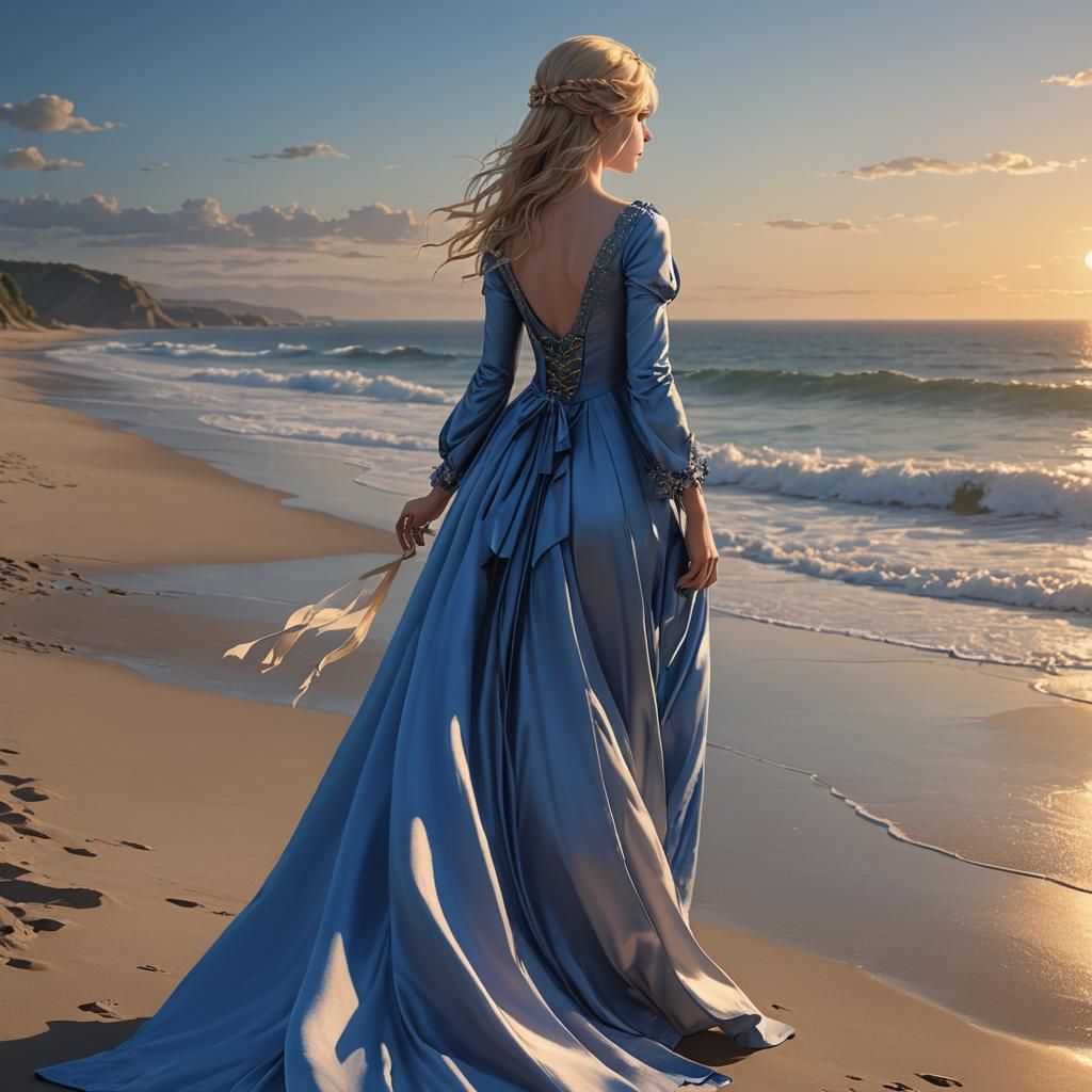 Woman in Blue Dress at Sunset: Anime Style