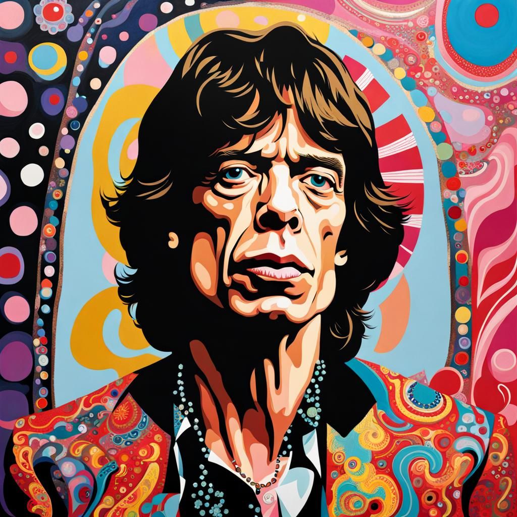 Portrait painting of mick jagger, in the painting style of Grayson Perry
