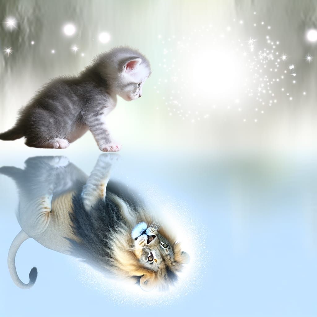 Kitten's Reflection: Lion in a Mystical Light