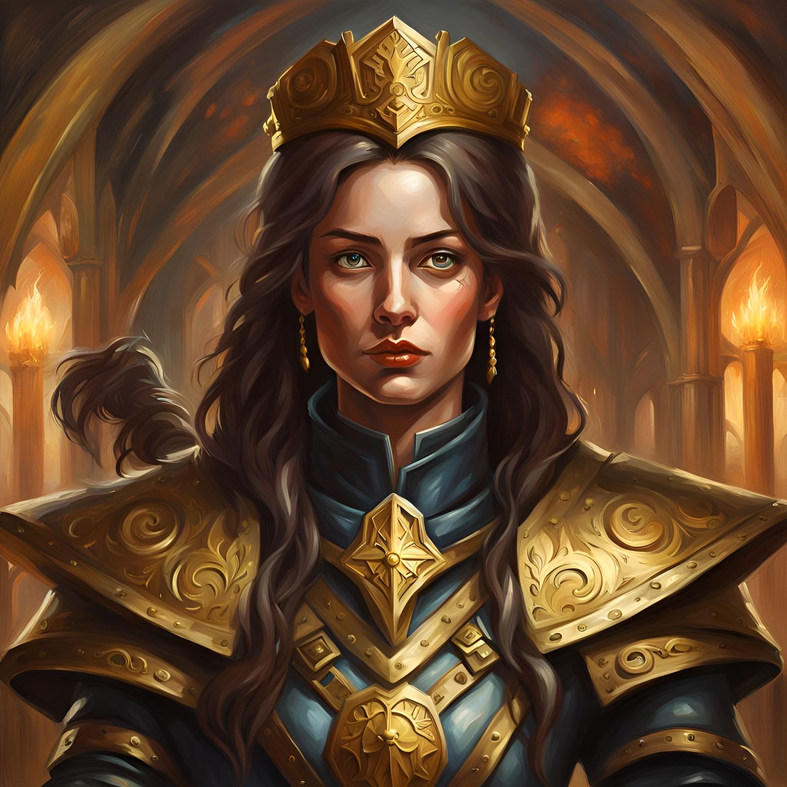 create a (masterpiece) of a female character golden champion of the order, beautiful  ,in the style of RPG dnd oil paint...