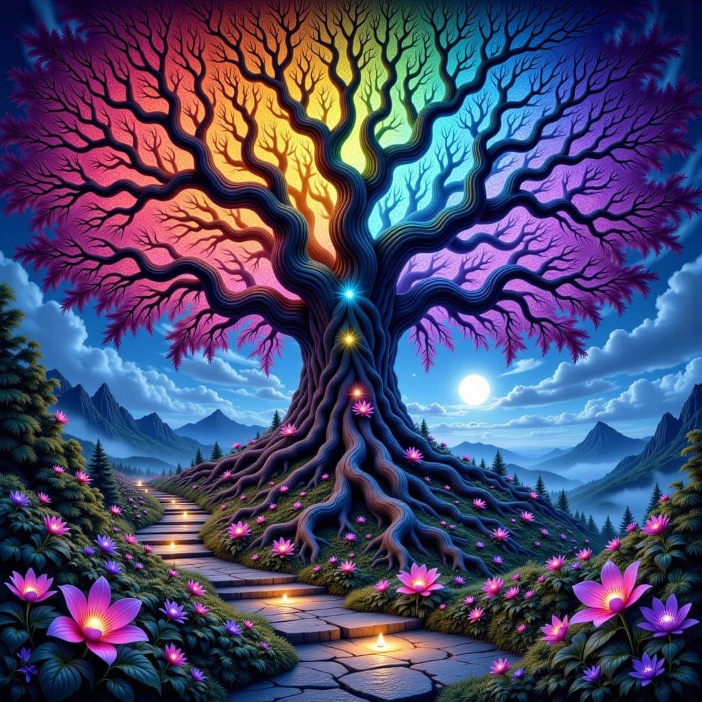 Ancient Rainbow Tree of Life in Nebula Sky