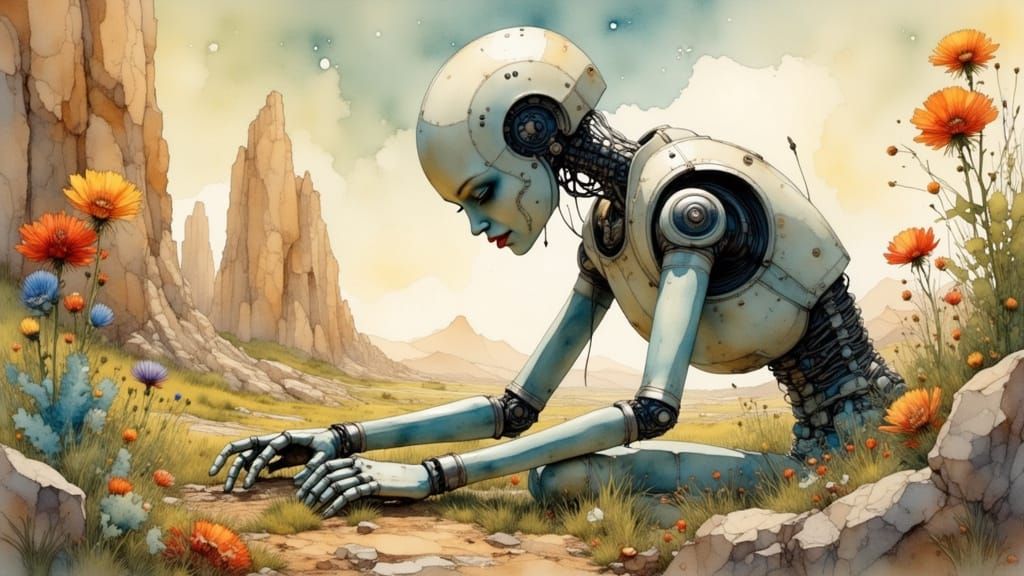 Robot Gardener on Alien Planet, Painterly Style