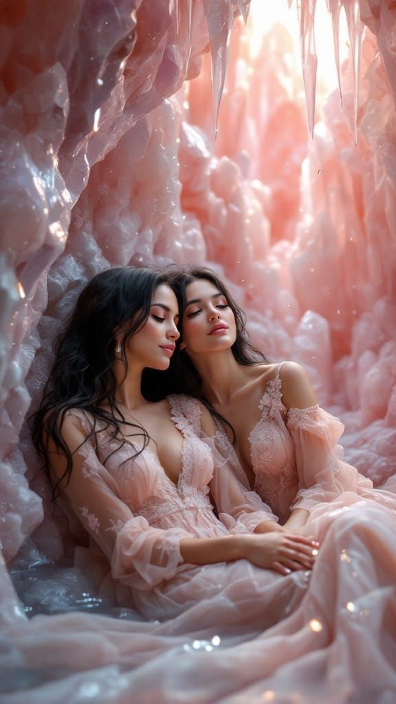 Ethereal Rose Quartz Cave with Serene Dark-Haired Females