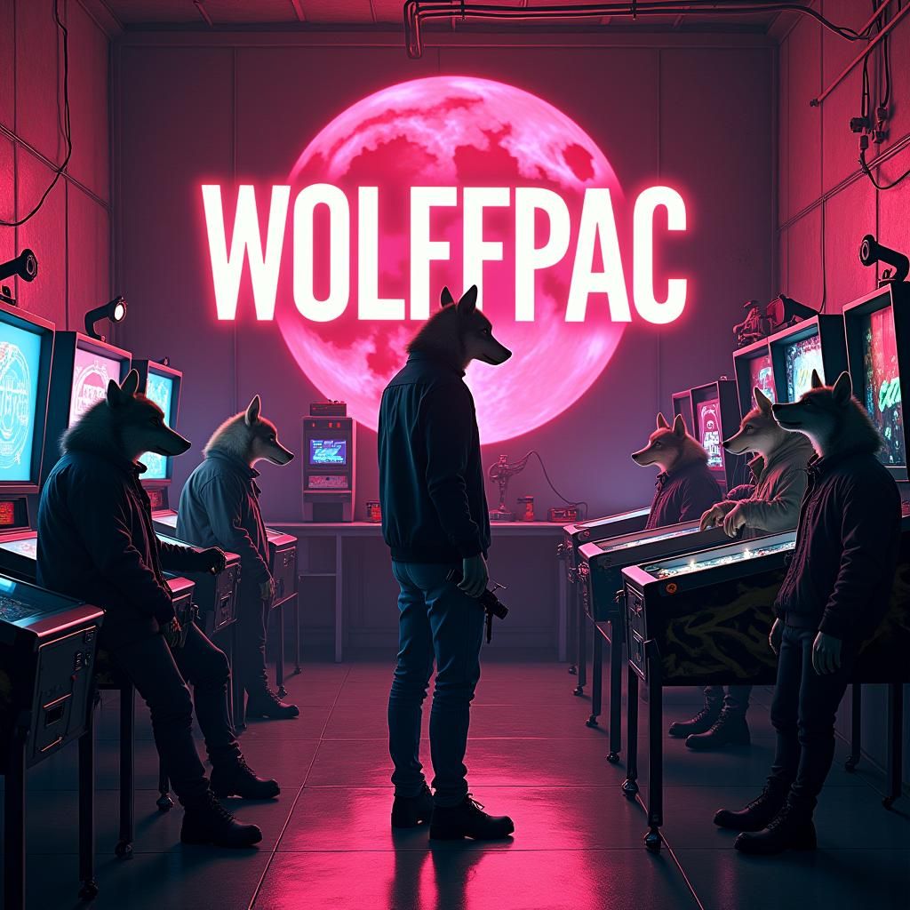 Cyberpunk Wolfpack in Neon Electronics Lab