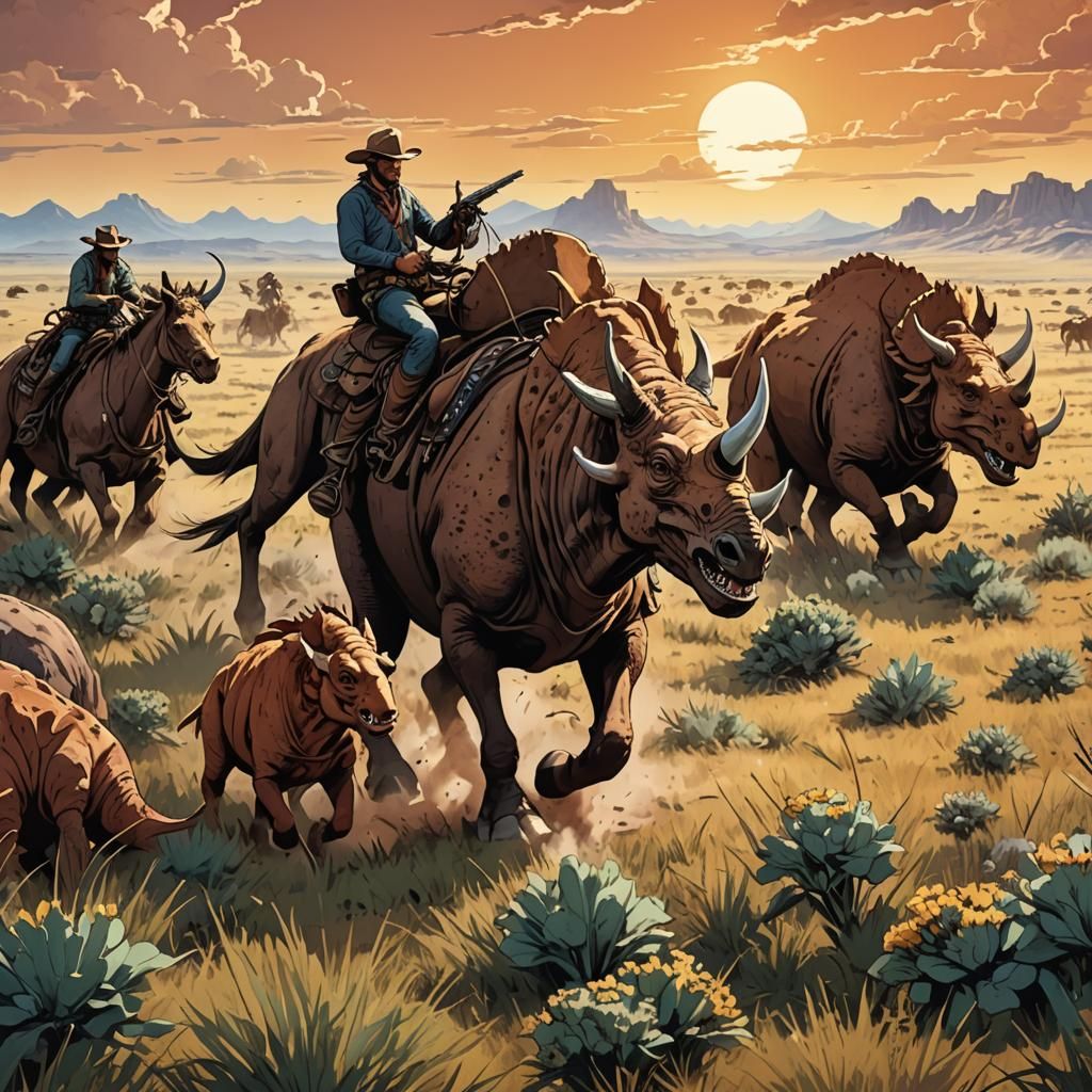 Cowboys Herding Triceratops in Anime Style