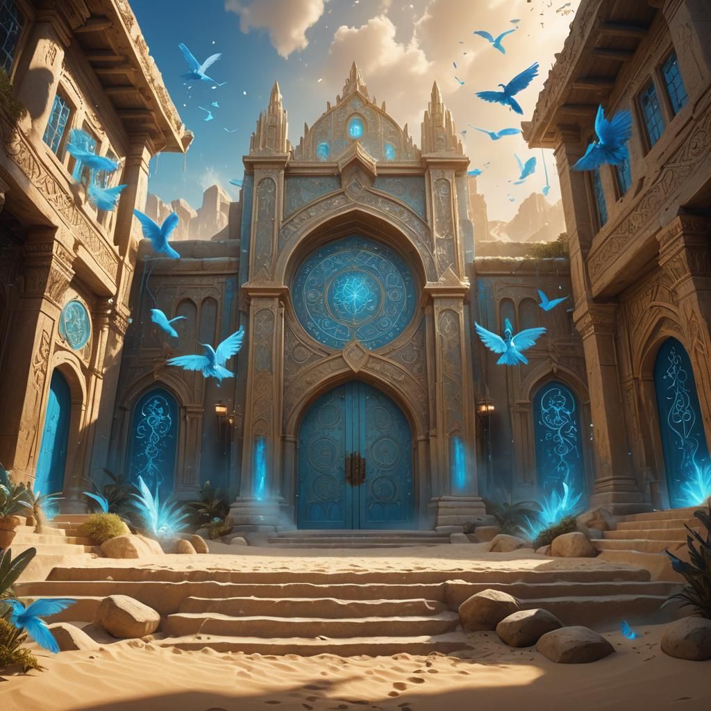 Luminous Elvish Doors in Mythic Courtyard