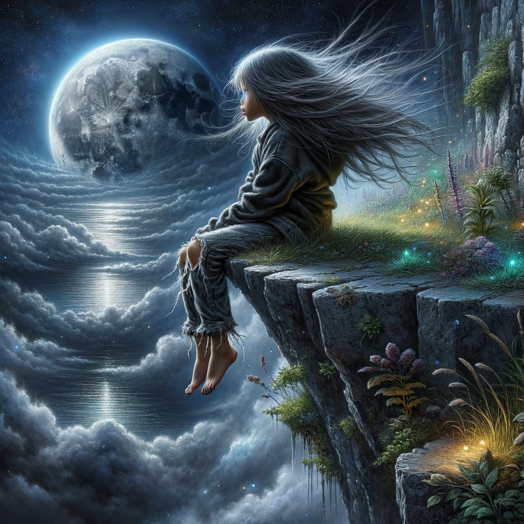 Girl on Cliffside Under Full Moon