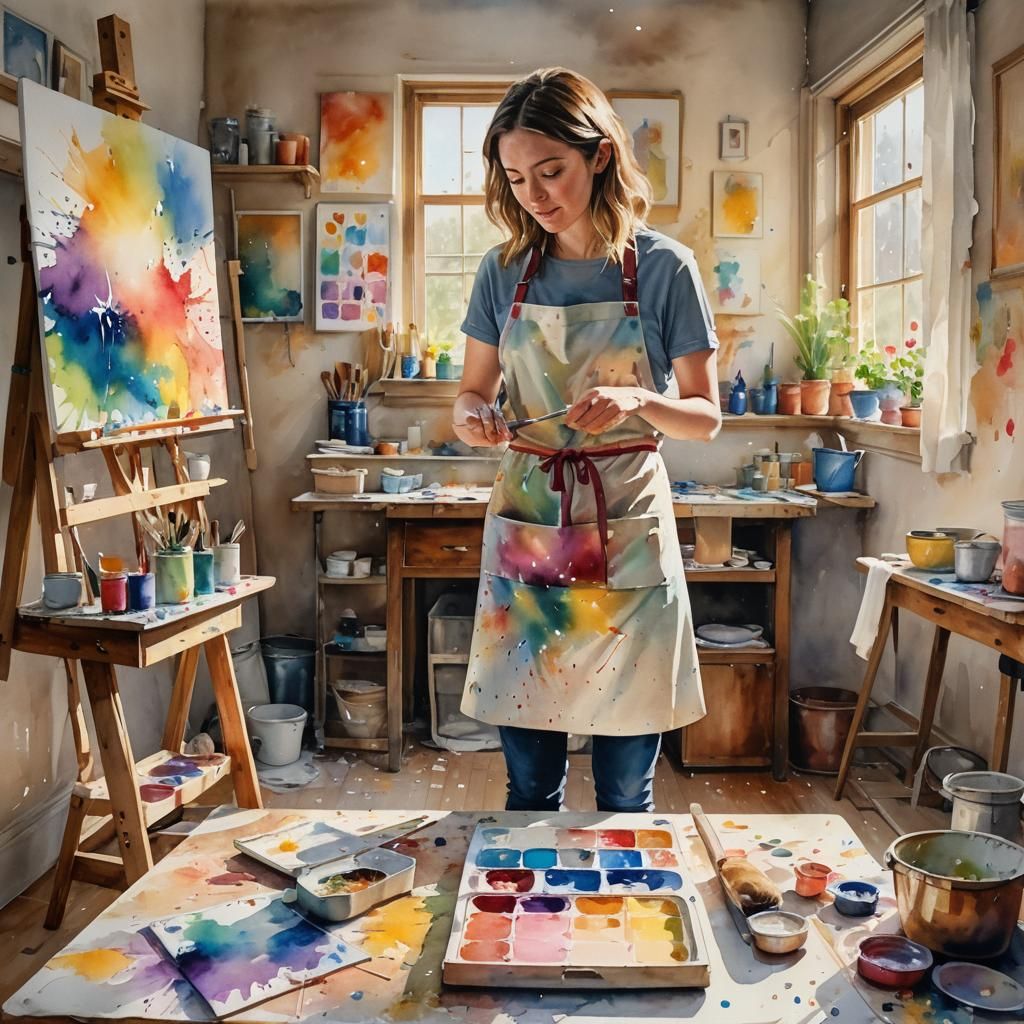 Cozy Watercolor Studio Scene with Girl Artist