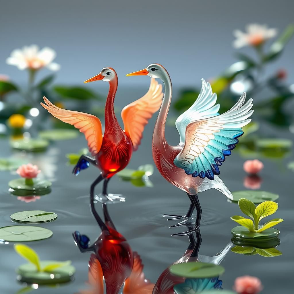 Enameled Glass Figurines: Herons in a Lake