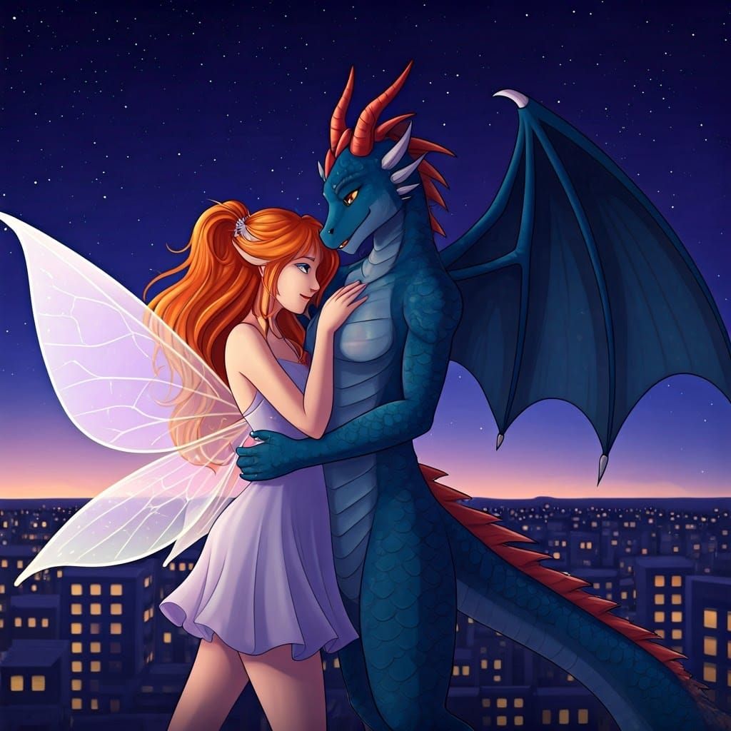 Fairy and Dragon Girl Embrace Under Starry Sky