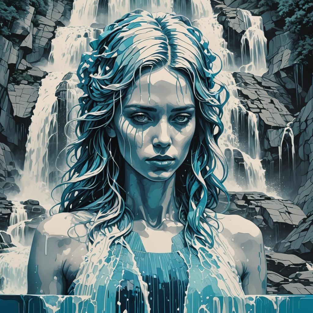 Monochrome Waterfall Portrait with Blue Femme, Pop Art
