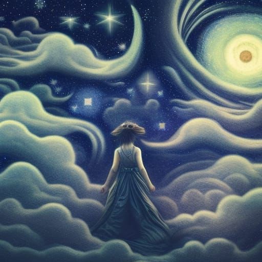 Celestial Woman in Surreal City of Clouds
