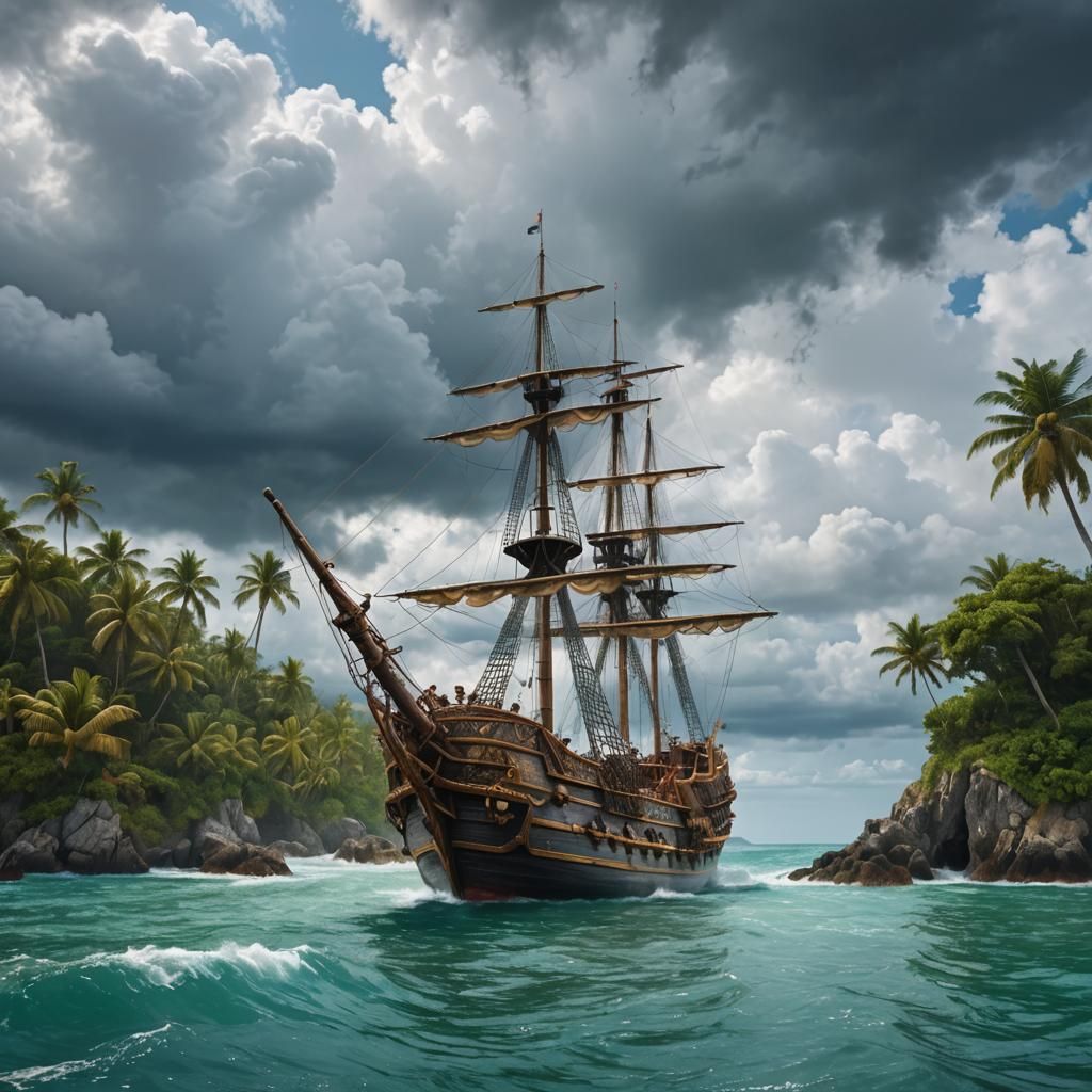 Pirate Ship Sails into Exotic Island Bay