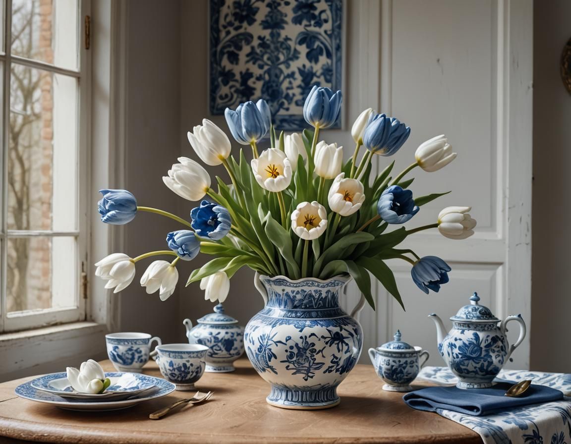 Dutch Masterpiece: Tulips in Delicate Blue and White Ceramic...