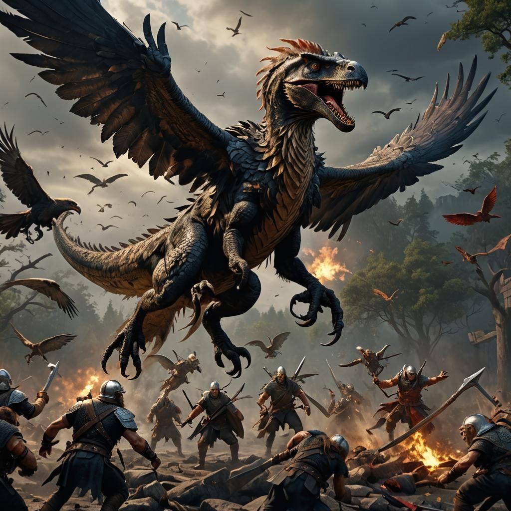 Winged Velociraptors Attack Viking Warrior in Dark Fantasy
