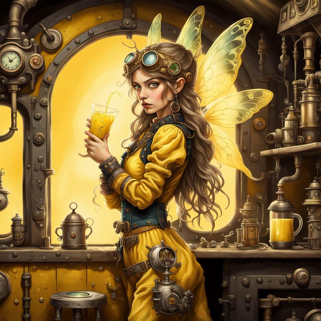Steampunk Fairy Sipping a Drink in Cottage