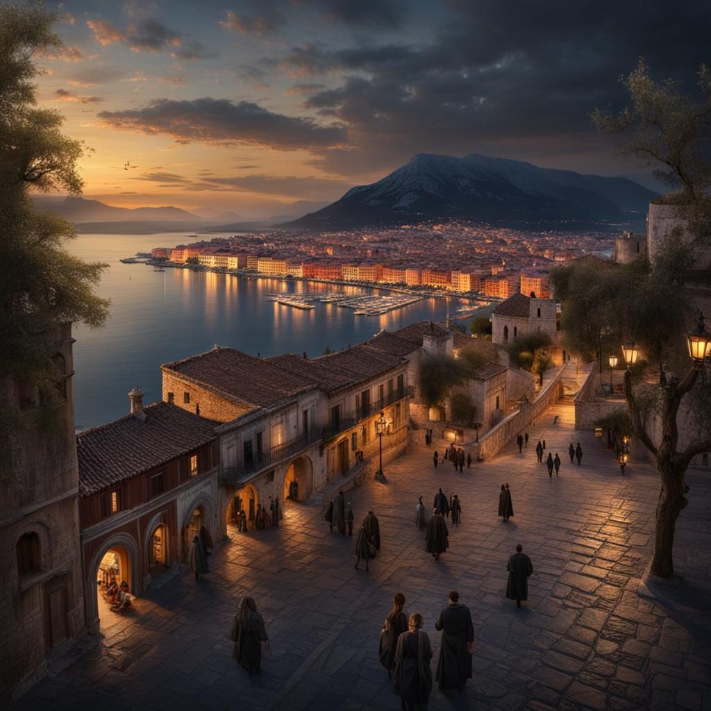 Nafplion at Dusk: 19th Century Digital Painting