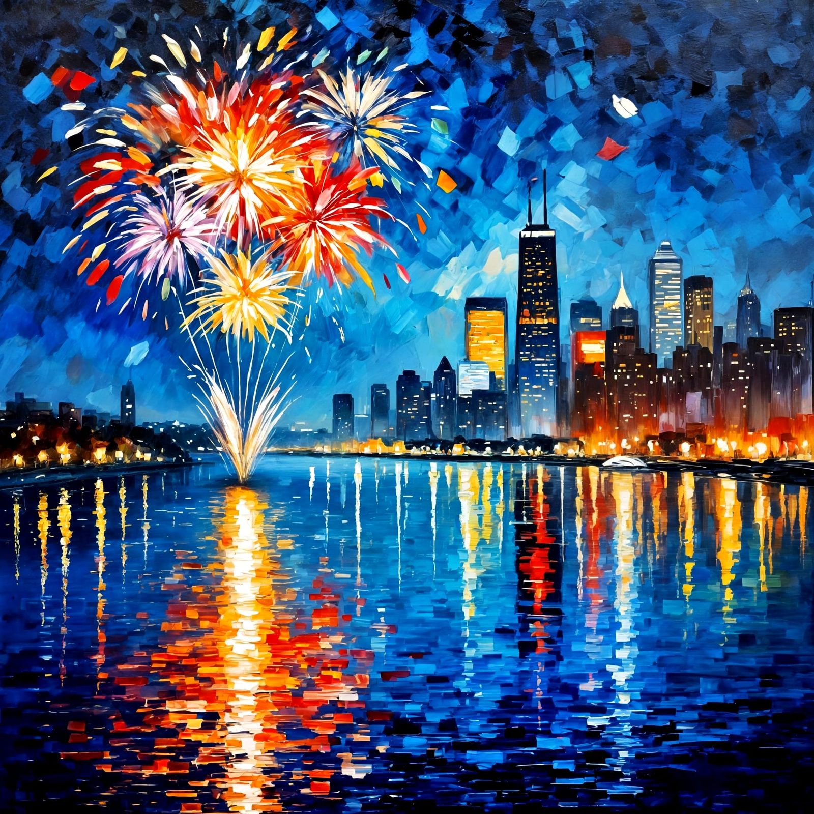 Breathtaking Night Sky Fireworks Over Waterfront City