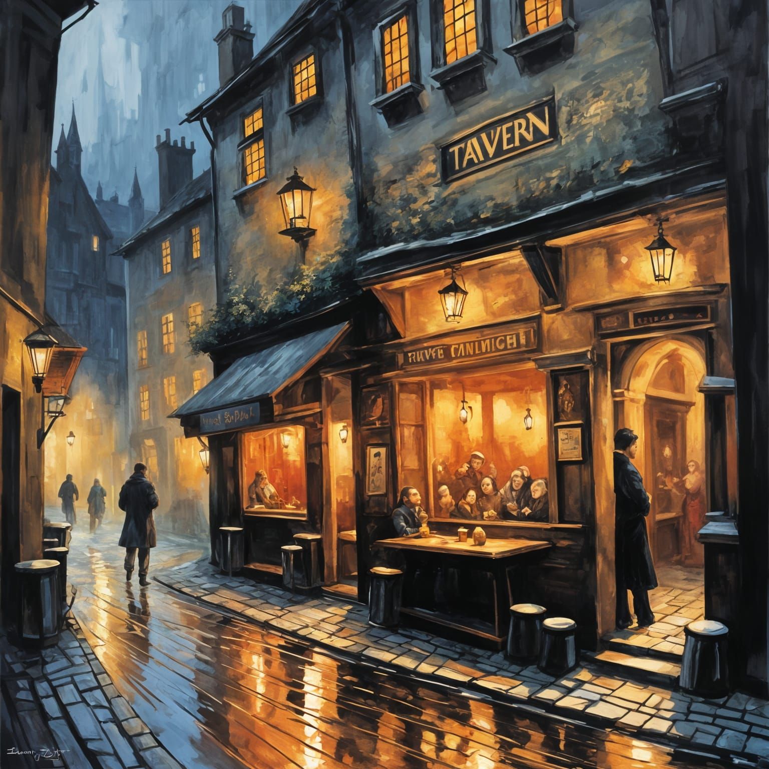 Dimly Lit Medieval Tavern Interior in Gouache Style