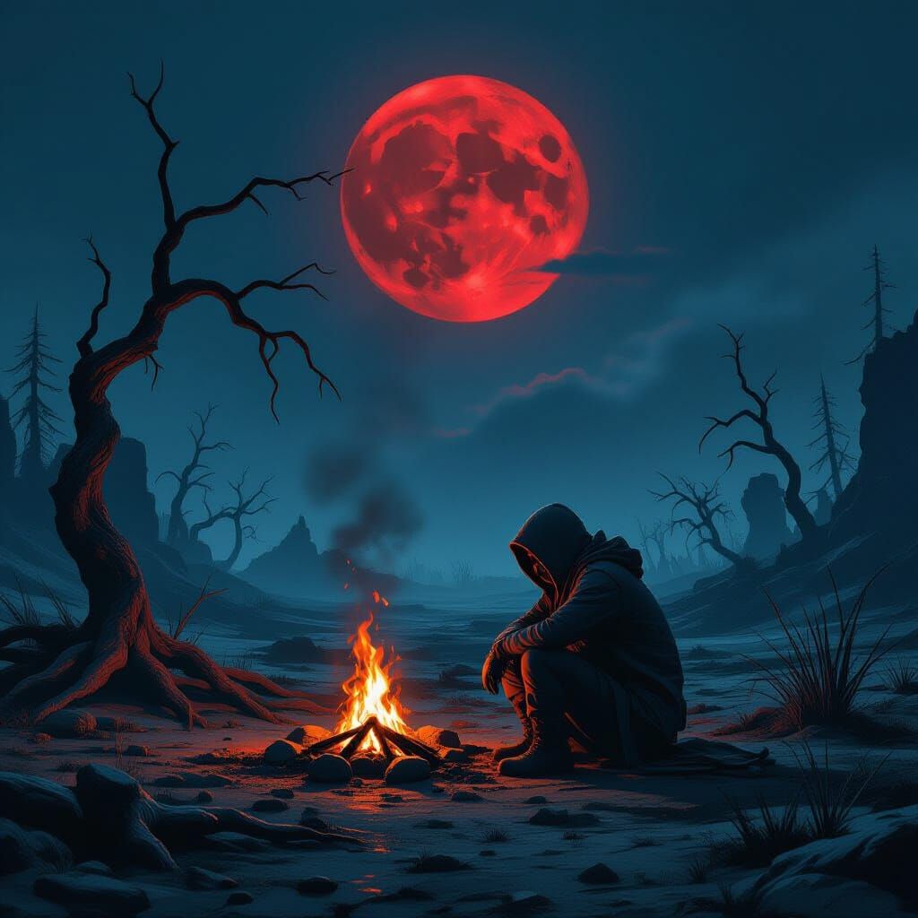 Survivor by Campfire Under Red Moon
