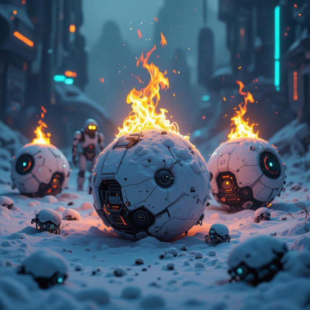 Snowballs Ablaze with Robots in Futuristic Style