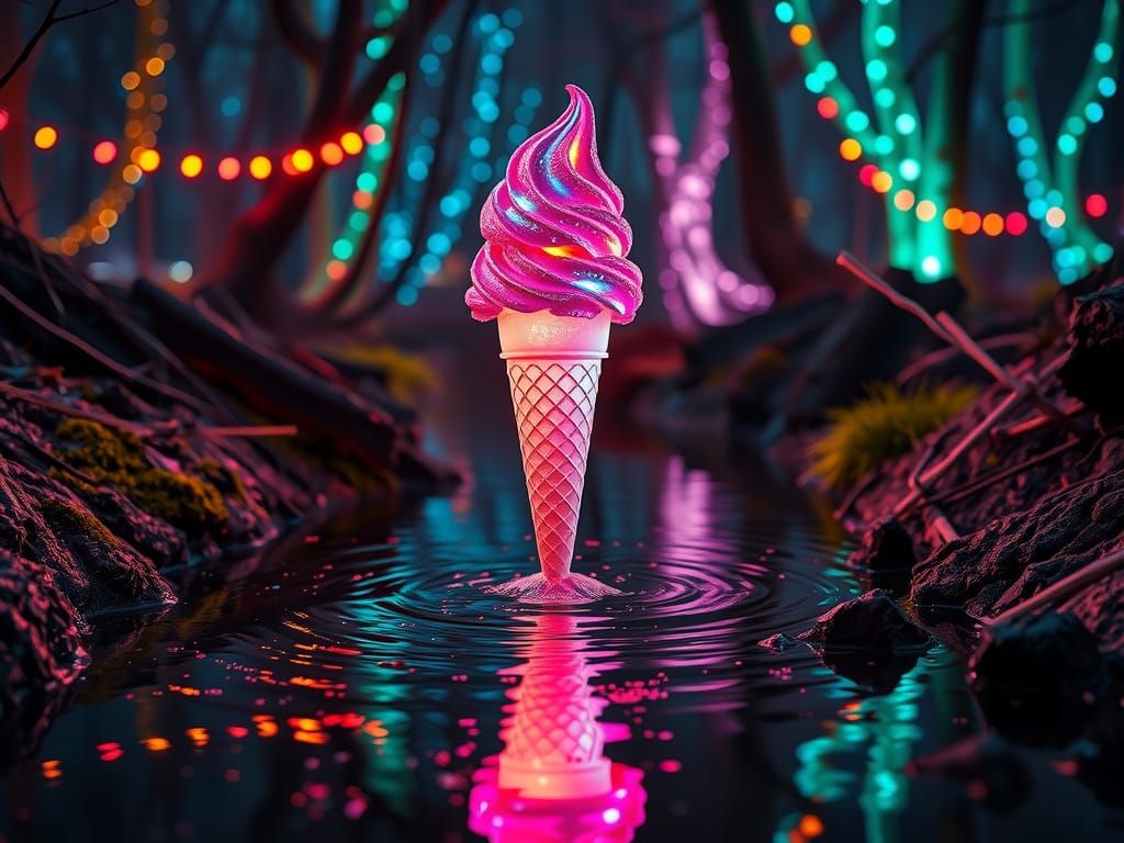 Creek Illuminated by Glowing Ice Cream Cone