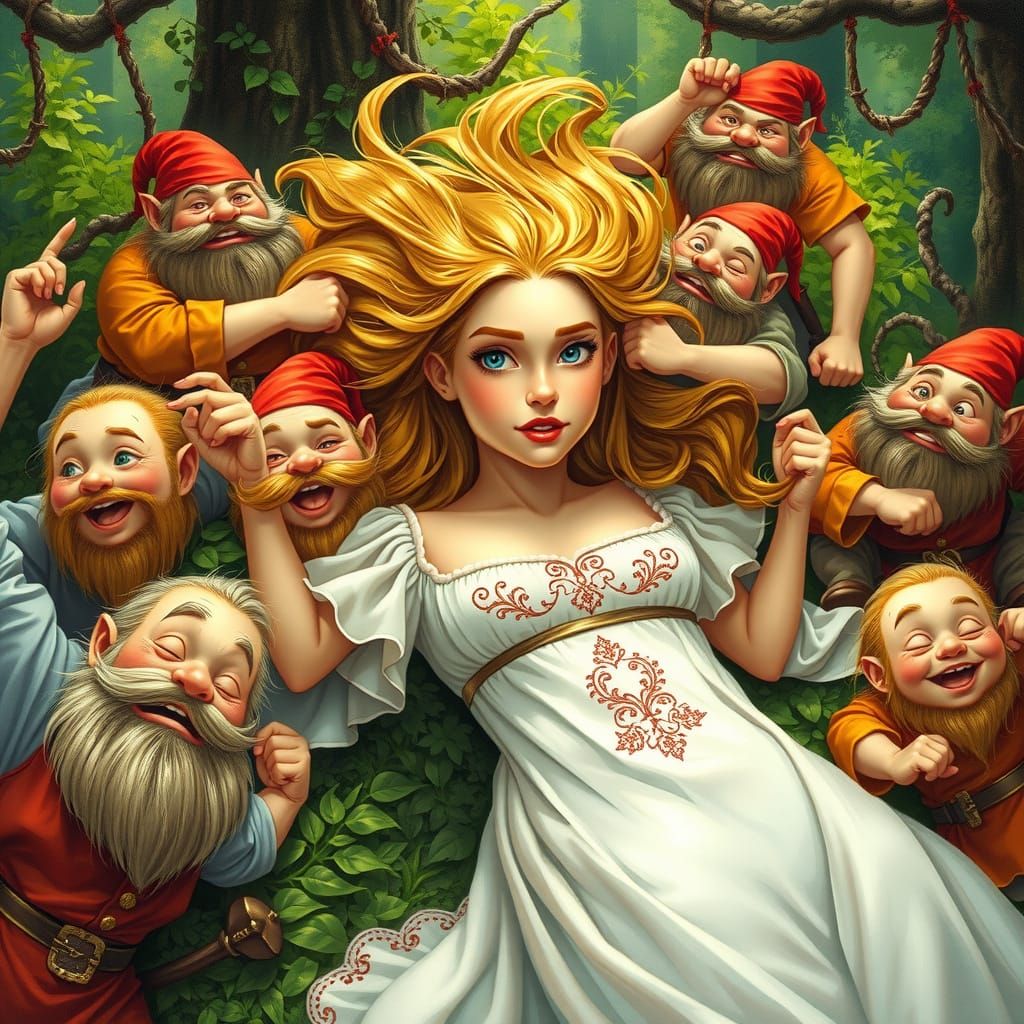 Fantasy Maiden Surrounded by Exuberant Dwarfs in Whimsical F...