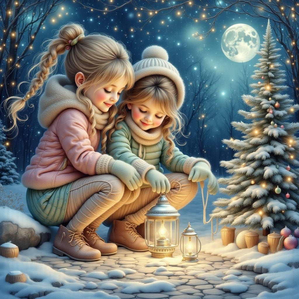 Girls Decorating Snowy Path with Festive Lanterns