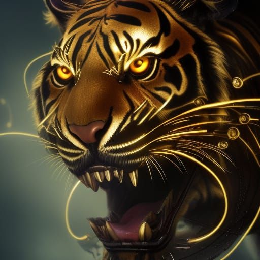 Clockwork Gold Tiger with Biomechanical Details