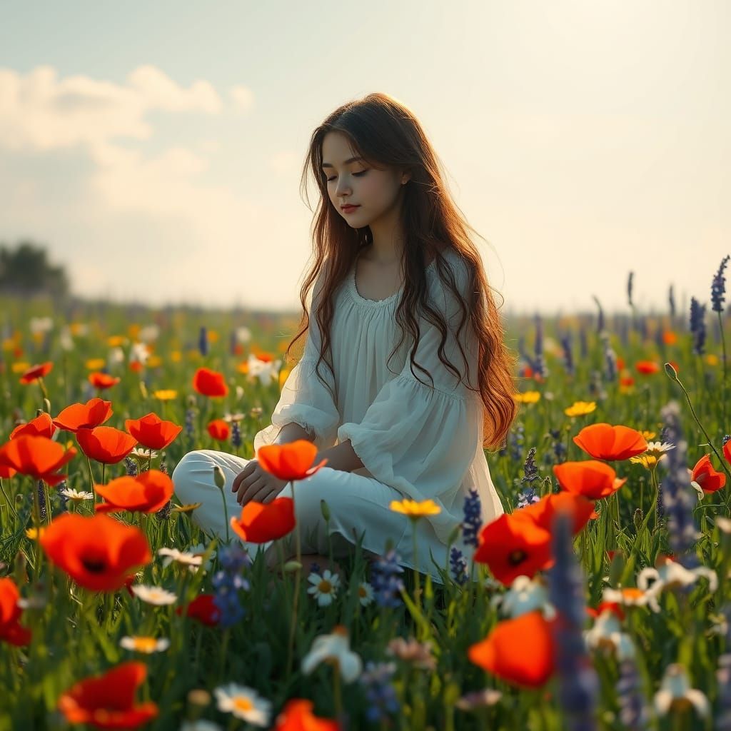 Girl in Flower Field: Alphonse Mucha Style