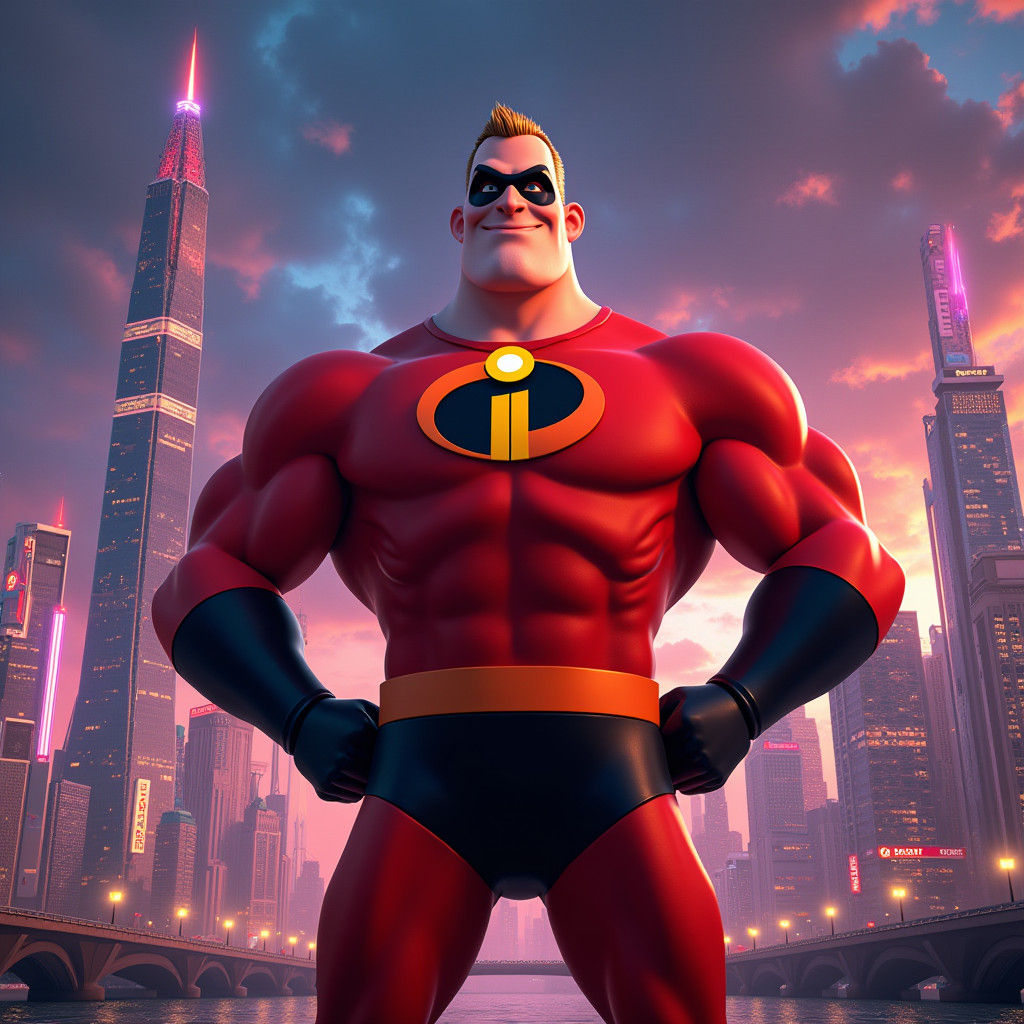 Mr. Incredible Heroic Portrait in Retro-Futuristic Metropoli...