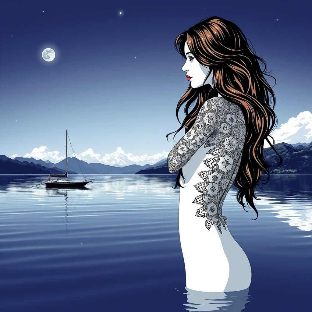 Brunette Calypso by Lake in Surrealist Style